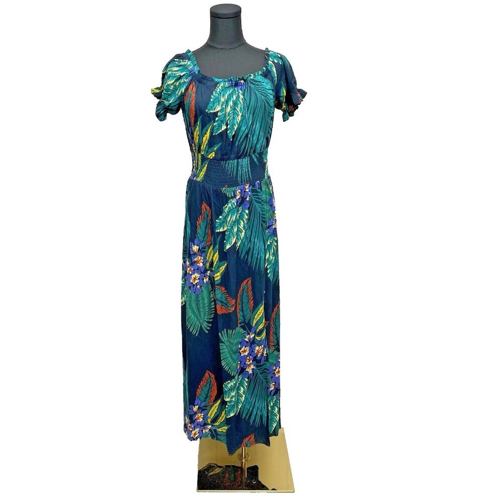 Patrons Of Peace Maxi Dress Womens Sz L, Short Puff Sleeve Side‎ Slit Tropical